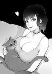  1girl animal artist_name brassica breasts cat choker cleavage closed_mouth commission greyscale heart highres holding holding_animal holding_cat huge_breasts jewelry lips monochrome necklace original shadow short_hair sitting tank_top 
