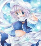  apron blue_eyes blue_shirt blue_skirt hat letty_whiterock long_sleeves looking_at_viewer marker_(medium) midriff mizame navel open_mouth shawl shirt short_hair silver_hair skirt skirt_set snowflakes solo touhou traditional_media waist_apron white_hat 