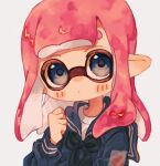  1girl blue_eyes closed_mouth commentary highres inkling inkling_girl long_hair ochocho2828 pointy_ears red_hair sailor_collar sailor_shirt school_uniform shirt simple_background solo splatoon_(series) splatoon_3 tentacle_hair upper_body white_background 
