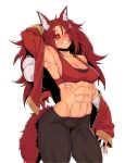  1girl abs absurdres animal_ears armpits bandage_on_face bandages blush breasts cleavage fox_ears fox_tail gourd highres jacket kitsune long_hair looking_at_viewer minew muscular muscular_female open_clothes open_jacket original red_eyes simple_background small_breasts solo tail tank_top white_background yellow_eyes 