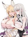  2girls absurdres animal_ears areola_slip bare_arms bare_shoulders blonde_hair blush breasts cleavage commission fox_ears gompang_11 green_eyes grey_hair heart highres korean_clothes large_breasts licking licking_ear long_hair long_sleeves looking_at_viewer multiple_girls open_mouth original red_eyes simple_background tentacles underboob white_background yuri 