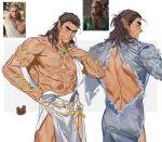 1boy abs absurdres alternate_costume arm_hair back backless_dress backless_outfit baldur&#039;s_gate baldur&#039;s_gate_3 bara bare_back bare_pectorals blue_dress border braid brown_eyes brown_hair chest_hair chiton dark_skin dress dungeons_and_dragons elf facial_tattoo gold_bracelet gold_necklace greensalad350 grey_border hairy half_updo halsin hand_on_own_hip highres jewelry large_pectorals looking_at_viewer looking_to_the_side male_focus mature_male medium_hair multiple_braids multiple_views muscular muscular_male necklace nipples open_clothes open_shirt pectorals pendant pointy_ears scar scar_on_face side_braids simple_background smile sparse_arm_hair sparse_chest_hair tattoo thick_arms thick_eyebrows white_background 