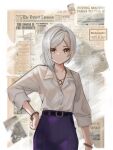  1girl absurdres belt bracelet english_text grey_eyes grey_hair hand_on_own_hip highres jewelry looking_at_viewer necklace newspaper no_headwear no_jacket pants purple_pants reverse:1999 shirt solo user_yona vertin_(reverse:1999) white_shirt 