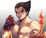  1boy black_eyes black_hair closed_mouth collarbone fingerless_gloves fire frown gloves grey_background heterochromia kotorai looking_at_viewer male_focus mishima_kazuya nipples pectorals red_eyes red_gloves short_hair signature solo studded_gloves tekken thick_eyebrows topless_male upper_body 