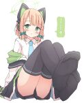  ...? 1girl animal_ear_headphones animal_ears black_skirt black_thighhighs blonde_hair blue_archive blue_necktie blush bow cat_tail closed_mouth collared_shirt commentary fake_animal_ears feet green_bow green_eyes green_halo hair_bow halo headphones highres kamotsu_yasai long_sleeves midori_(blue_archive) necktie shirt short_hair simple_background skirt solo tail thighhighs white_background white_shirt 