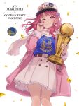  1girl bang_dream! belt belt_buckle bill_russell_nba_finals_mvp_trophy bow brown_belt buckle character_name closed_mouth coat confetti crying earrings floating_hair fur-trimmed_sleeves fur_trim golden_state_warriors hair_bow hat highres holding holding_trophy jewelry light_smile long_hair long_sleeves looking_at_viewer maruyama_aya national_basketball_association one_eye_closed open_clothes open_coat petticoat pink_coat pink_eyes pink_hair pink_skirt purple_bow raised_eyebrows scarf skirt solo tears thighs yazawa_happyaro 