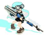  1girl black_sweater blue_hair commentary_request commission e-liter_4k_(splatoon) full_body goggles goggles_on_head gun heatinsulator highres holding holding_gun holding_weapon inkling inkling_girl long_hair simple_background solo splatoon_(series) splatoon_3 sweater tentacle_hair weapon white_background yellow_eyes 