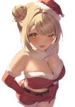  1girl ;p belt blonde_hair braid braided_bun breasts brown_belt cleavage cowboy_shot crop_top dark-skinned_female dark_skin double_bun elbow_gloves fang from_above fur-trimmed_gloves fur-trimmed_headwear fur-trimmed_shorts fur_scarf fur_trim gloves gyaru hair_bun hair_intakes hand_on_own_hip hat highres kaminari_qpi komito_(komito5310) large_breasts looking_at_viewer midriff one_eye_closed orange_eyes red_bustier red_gloves red_shirt red_shorts santa_costume santa_hat shirt short_shorts shorts simple_background skin_fang solo strapless swept_bangs tilted_headwear tongue tongue_out tube_top virtual_youtuber vspo! white_background 