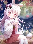  1girl absurdres animal animal_ear_fluff animal_ears blush bow closed_mouth dango food full_moon hair_bow hakama highres holding japanese_clothes kimono long_hair long_sleeves moon night original outdoors rabbit rabbit_ears red_eyes sanbou sitting skirt smile socks solo tsukimi tsukimi_dango wagashi white_hair white_kimono white_socks wide_sleeves yuduki_pdx 