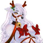 absurd_res anthro belt big_breasts breasts bridle canid canine christmas digital_media_(artwork) female fur gold_(metal) gold_jewelry hair hi_res holidays horn jewelry looking_at_viewer mammal nipples nude simple_background smile solo stelladraco white_background white_body