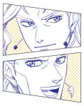  2boys cherry_earrings commentary_request earrings food-themed_earrings greyscale hage_tashuumi jean_pierre_polnareff jewelry jojo_no_kimyou_na_bouken kakyoin_noriaki male_focus monochrome multiple_boys open_mouth polka_dot polka_dot_background smile stardust_crusaders 