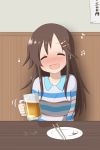  :d ^_^ alcohol beer beer_mug blush brown_hair chopsticks closed_eyes collarbone commentary_request cup drunk fang hair_ornament hairclip highres himekawa_yuki holding holding_cup idolmaster idolmaster_cinderella_girls ikonaska long_hair motion_lines musical_note nose_blush open_mouth plate shirt sitting smile solo striped striped_shirt wainscoting 