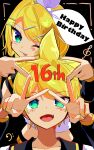  1boy 1girl :p absurdres anniversary aqua_eyes bass_clef behind_another black_background black_sailor_collar blonde_hair blush bow cel_shading collarbone commentary crop_top double_v fang hair_bow hair_ornament hairclip hands_up happy_birthday highres kagamine_len kagamine_rin kasaki_sakura leaning_forward looking_at_viewer one_eye_closed sailor_collar shirt short_hair sleeveless sleeveless_shirt spiked_hair star_(symbol) swept_bangs teeth tongue tongue_out treble_clef upper_body upper_teeth_only v vocaloid white_bow white_shirt yellow_nails 