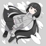  1girl \||/ black_footwear black_hair black_thighhighs blunt_bangs commentary_request dutch_angle expressionless floating floating_hair full_body grey_background grey_eyes grey_hoodie grey_leg_warmers highres hood hood_down hoodie inabakumori jitome leg_warmers long_hair long_sleeves looking_at_viewer low_twintails osage_(inabakumori) parted_lips puffy_long_sleeves puffy_sleeves shoes sleeves_past_wrists solo sparkle sutokame thighhighs twintails very_long_hair 