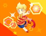  0mzum1 1boy arm_up blonde_hair blue_eyes blue_shorts blush commentary_request glint hexagon hexagram lucas_(mother_3) male_focus mother_(game) mother_3 multicolored_background open_mouth orange_background quiff red_background red_footwear red_shirt rope_snake shirt shoes short_hair short_sleeves shorts simple_background snake socks solo star_(symbol) striped striped_shirt t-shirt two-tone_shirt white_socks yellow_background yellow_shirt 