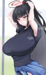  black_hair blue_archive breasts buruma clothes_around_waist gym_uniform highres large_breasts lengkuass long_hair looking_at_viewer ponytail red_eyes rio_(blue_archive) 