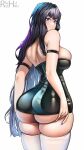  1girl absurdres armlet ass back bare_arms bare_shoulders black_dress black_hair blue_eyes blush breasts closed_mouth cowboy_shot dot_nose dress from_behind highres huge_ass large_breasts legs_together long_hair looking_at_viewer looking_back multicolored_nails original plump rezeharu shiny_clothes short_dress simple_background skin_tight solo standing thighhighs underbutt white_background white_thighhighs 