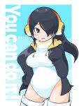  1girl black_hair black_sweater breasts brown_eyes emperor_penguin_(kemono_friends) headphones highres kanimiso_na_double kemono_friends leotard looking_at_viewer one_eye_covered open_mouth sweater thighhighs white_leotard 