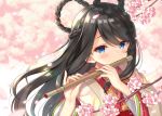  bangs black_hair blue_eyes blurry blurry_background blush braid commentary covered_mouth depth_of_field eyebrows_visible_through_hair fingernails flower flute hair_rings holding holding_instrument instrument japanese_clothes kimono layered_clothing layered_kimono long_hair long_sleeves looking_at_viewer music nagisa3710 original petals pink_flower playing_flute playing_instrument print_kimono solo very_long_hair wide_sleeves yellow_kimono 