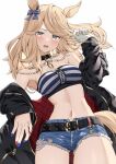  1girl absurdres bandeau bare_shoulders belt black_belt black_choker black_jacket blonde_hair blue_bow blue_nails bow breasts choker cleavage commentary_request cowboy_shot cutoffs denim denim_shorts gold_city_(umamusume) grey_eyes hair_bow head_tilt highres jacket long_hair long_sleeves looking_at_viewer midriff nail_polish navel off_shoulder open_clothes open_jacket open_mouth red_nails short_shorts shorts simple_background small_breasts solo standing stomach strapless striped_bandeau tail thighs tube_top umamusume white_background yamano_rokamizu 