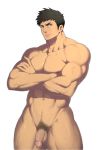  1boy abs bara body_hair brown_hair flaccid male_focus muscle nude pecs penis pubic_hair shunta solo tagme 