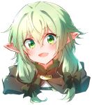  1girl :d black_bow blush bow brown_cloak cloak elf goblin_slayer! green_eyes green_hair hair_between_eyes hair_bow high_elf_archer_(goblin_slayer!) highres hood hood_down hooded_cloak looking_at_viewer low_twintails nyaa_(nnekoron) open_mouth pointy_ears portrait simple_background smile solo twintails white_background 