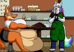 absurd_res anthro bakery belly belly_overhang big_belly big_breasts bottomwear breasts cafe canid canine chair clothing cookie desserts diane diane-foxington eating english_text eyewear female food fox fur furniture furry glasses harikuran hi_res mammal obese on_chair orange_body orange_fur overweight overweight_anthro overweight_female pink_nose shirt shorts sitting sitting_on_chair sweets text topwear treats