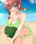  1girl aqua_eyes bare_shoulders beach bikini blurry blurry_background blush braid breast_rest breasts brown_hair cleavage cloud emma_verde food freckles fruit green_bikini holding holding_watermelon kuro_neko_(38-21) large_breasts light_rays long_hair looking_at_viewer love_live! love_live!_nijigasaki_high_school_idol_club ocean open_mouth outdoors palm_tree sand sky smile solo standing swimsuit teeth thigh_gap tree twin_braids upper_teeth_only water watermelon 