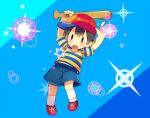  0mzum1 1boy aqua_background arms_up backpack bag baseball_bat baseball_cap black_hair blue_background blue_shirt blue_shorts blush commentary_request glint hair_between_eyes hat hexagram holding holding_baseball_bat looking_at_viewer male_focus mother_(game) mother_2 multicolored_background ness_(mother_2) open_mouth purple_eyes red_footwear red_headwear shirt shoes short_hair short_sleeves shorts sideways_hat simple_background socks solo star_(symbol) striped striped_shirt t-shirt two-tone_shirt white_socks yellow_shirt 