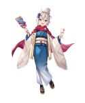  1girl blue_kimono dragonstone envelope fire_emblem fire_emblem_fates fire_emblem_heroes flower grey_eyes grey_hair hagoita hair_bun hair_flower hair_ornament haori highres holding holding_envelope japanese_clothes kana_(female)_(fire_emblem) kana_(female)_(rising_sunlight)_(fire_emblem) kana_(fire_emblem) kimono looking_at_viewer non-web_source official_alternate_costume official_art open_mouth paddle sandals smile solo 