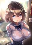  1girl absurdres blue_bow blue_eyes blush bow bowtie bra breasts brown_hair cleavage commentary_request dog_hair_ornament dot_nose hair_between_eyes hair_flaps hair_ornament hairclip highres large_breasts looking_at_viewer moe2022 original parted_lips school_uniform see-through shirt short_hair solo striped striped_bow suzuran_(su-pai) taking_shelter underwear upper_body upturned_eyes wet wet_clothes wet_shirt white_bra white_shirt 