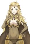  ahoge blonde_hair bodysuit breasts cleavage cleavage_cutout cloak commentary_request covered_navel cowboy_shot fire_emblem fire_emblem_if grey_eyes hand_on_hip jurge long_hair looking_at_viewer medium_breasts ophelia_(fire_emblem_if) simple_background skin_tight smile solo wavy_hair white_background 