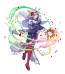  1girl attack crystal fire_emblem fire_emblem_heroes flower green_eyes grey_hair hair_flower hair_ornament hair_over_one_eye hand_fan highres holding holding_fan japanese_clothes kimono kvasir_(fire_emblem) kvasir_(unknown_future)_(fire_emblem) non-web_source official_alternate_costume official_art paper_fan short_hair solo white_background wind 