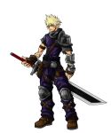  1boy alternate_costume arm_armor armor baggy_pants bandaged_arm bandages belt belt_pouch blonde_hair blue_eyes boots brown_footwear buster_sword chainmail closed_mouth cloud_strife earrings final_fantasy final_fantasy_vii fingerless_gloves full_body gloves guillem_dauden hair_over_one_eye highres holding holding_sword holding_weapon jewelry knee_pads leg_belt male_focus medieval pants pauldrons pouch purple_pants purple_shirt shirt short_sleeves shoulder_armor single_pauldron spiked_hair studded_gloves sword weapon white_background 