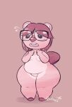anthro beaver big_glasses big_nose blush bodily_fluids bottom_heavy breasts buckteeth chicas_que_lucen_asi_tienen_permiso_de_arruinarme_la_vida dirtann eyelashes eyewear eyewear_only featureless_crotch female fur glasses glasses_only hair hi_res mammal meme nervous nude open_mouth pink_body pink_fur raised_tail red_nose rodent short_hair short_stack small_breasts solo standing sweat tail teeth thick_thighs wide_hips
