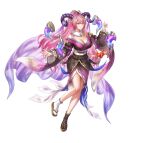  1girl anbe_yoshirou blush breasts cleavage curled_horns fire_emblem fire_emblem_heroes floating floating_object frilled_sleeves frills fur_trim gloves goat_horns hair_ornament horns large_breasts long_hair looking_to_the_side multicolored_hair nerthuz_(fire_emblem) nerthuz_(new_year)_(fire_emblem) official_art origami paper_crane pink_hair ponytail purple_eyes second-party_source solo two-tone_hair very_long_hair 