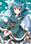  1girl aqua_background aqua_eyes aqua_hair blush closed_mouth commentary_request fins frilled_kimono frills green_kimono head_fins highres japanese_clothes kimono long_sleeves looking_at_viewer mermaid monster_girl own_hands_together ruu_(tksymkw) smile solo touhou wakasagihime wide_sleeves 