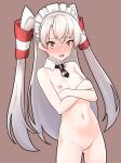  1girl amatsukaze_(kancolle) black_necktie breasts brown_eyes cowboy_shot detached_collar furaggu_(frag_0416) hair_tubes highres kantai_collection long_hair maid_headdress navel necktie nipples nude short_necktie small_breasts solo standing two_side_up white_hair 