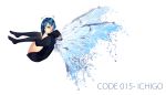  black_hoodie blue_hair blue_wings butterfly_wings commentary darling_in_the_franxx earrings full_body green_eyes hair_ornament hairclip halo highres ichigo_(darling_in_the_franxx) jewelry rebyo short_hair solo thighhighs white_background wings 