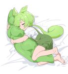  1girl animal_ears barefoot body_pillow closed_eyes commentary edamame_(food) full_body green_hair green_shorts green_suspenders highres hugging_object kissing_object long_hair lying moya_(toatomoot) on_side pillow pillow_hug ponytail puffy_short_sleeves puffy_sleeves shirt short_sleeves shorts sleeping solo suspender_shorts suspenders voiceroid voicevox white_shirt zundamon 