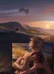  1boy 1girl absurdres after_sex aircraft airship black_hair blonde_hair blue_eyes cloud_strife commentary couple cuddling earrings english_commentary field final_fantasy final_fantasy_vii highres jewelry looking_at_another morning mountain mountainous_horizon nude outdoors safaiaart single_earring sleeping spiked_hair sun sunrise tifa_lockhart toned toned_male topless_male waking_up 
