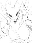 2023 3:4 3gs anthro areola bandai_namco big_breasts black_sclera blush bodily_fluids breasts digimon digimon_(species) facial_markings female head_markings hi_res high-angle_view line_art looking_at_viewer looking_up markings monochrome neck_tuft nipples nude renamon simple_background solo sweat tuft white_background