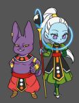  1girl arm_behind_back champa_(dragon_ball) dragon_ball dragon_ball_super dress egyptian_clothes grey_background grin hachibani hands_on_hips high_heels high_ponytail long_hair looking_at_viewer lowres purple_eyes shoes simple_background smile staff vados_(dragon_ball) white_footwear white_hair wristband yellow_sclera 