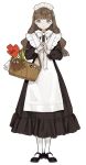  1girl apron basket black_dress black_footwear blunt_bangs bow bowtie brown_eyes brown_hair closed_mouth collared_dress dress flower frilled_apron frills full_body holding holding_basket kashiwagi_chisame long_dress long_hair long_sleeves maid maid_apron maid_headdress mary_janes original own_hands_together pantyhose puffy_sleeves red_flower shoes simple_background smile solo standing tulip wavy_hair white_apron white_background white_bow white_bowtie white_pantyhose 