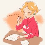  1girl blonde_hair blush closed_mouth holding holding_pen jewelry long_sleeves mother_(game) mother_2 necklace ness&#039;s_mother paper pen pink_shirt shifumame shirt short_hair smile solo translated writing 