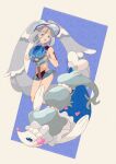  1girl ball beachball blue_background blue_eyes colored_eyelashes colored_skin commentary_request full_body grey_hair hair_between_eyes hatsune_miku highres long_hair midriff poke_ball pokemon pokemon_(creature) primarina project_voltage sea_lion twintails two-tone_background very_long_hair vocaloid water_miku_(project_voltage) white_background white_skin zozozoshion 