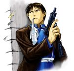  amestris_military_uniform aniki_gunsou biting black_eyes black_hair coat fingernails frown fullmetal_alchemist glove_biting gloves gun looking_away male_focus military military_uniform nervous roy_mustang serious short_hair solo sweatdrop uniform upper_body weapon 