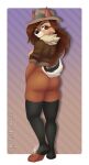 2023 alpha_channel anthro artist_name black_clothing black_legwear border breasts brown_clothing brown_eyes brown_hair brown_jacket brown_topwear butt chip_(disney) chipmunk clothing crossgender digital_media_(artwork) disney eyelashes fedora female gradient_background ground_squirrel hair hat headgear headwear jacket legwear long_hair looking_at_viewer looking_back looking_back_at_viewer mammal metalpandora mtf_crossgender rodent sciurid side_boob signature simple_background solo tail toeless_legwear topwear transparent_border