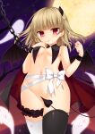  1girl asymmetrical_legwear bare_shoulders bare_tree black_cloak black_thighhighs blonde_hair blunt_bangs blunt_ends blush bow breast_curtains breasts breasts_apart chain cloak closed_mouth commentary covered_nipples cowboy_shot cuffs demon_girl demon_horns demon_tail demon_wings eyes_visible_through_hair floating_hair frilled_straps from_below frown full_moon ghost halloween handcuffs hands_up hanesaki_seika highres horns looking_at_viewer medium_hair mismatched_legwear moon navel night no_panties original outdoors partially_visible_vulva purple_sky red_cloak red_eyes shy sky small_breasts solo standing tail tail_censor thigh_strap thighhighs thighs tree two-tone_cloak two_side_up underboob white_bow white_thighhighs wings |_| 