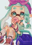  1girl aqua_eyes aqua_hair bandaid bandaid_on_leg braid commentary doughnut eating food full_body hairband highres inkling inkling_girl long_hair ochocho2828 pink_hairband pointy_ears simple_background single_bare_shoulder socks solo splatoon_(series) splatoon_3 tears tentacle_hair tri-slosher_(splatoon) white_background white_socks 